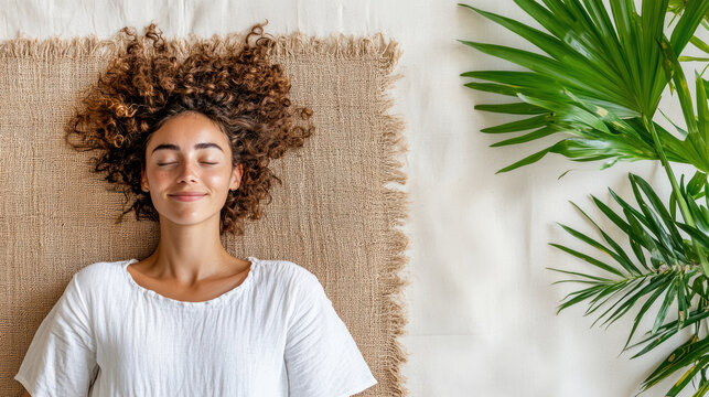 Relaxing woman practicing body scan meditation on mat with greenery nearby