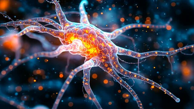 Colorful neuron with glowing connections in abstract space