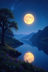 A serene night scene bathed in moonlight, stars twinkling above a tranquil landscape Perfect for themes of peace, reflection, and spiritual awakening , relaxation, dark