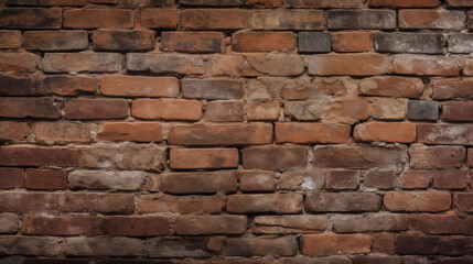 Fototapeta premium A close-up shot of an aged brick wall, showcasing a rich palette of browns and reds, with subtle variations in brick color and mortar. The texture is rough and uneven.