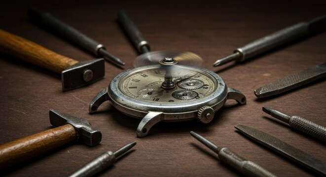Vintage timepiece being serviced surrounded by traditional watchmaking tools and illuminated