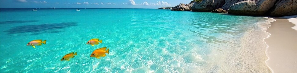 Tropical Fish Swimming in Crystal-Clear Shallow Waters near a Pristine Beach, a Perfect Summer Vacation Paradise Scene