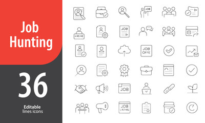 Job Hunting Line Icons, Resume, Job Search, Briefcase, Interview, Hiring Process, Editable Formats: AI, EPS, PNG, JPG, Ideal for Both Digital and Print Use
