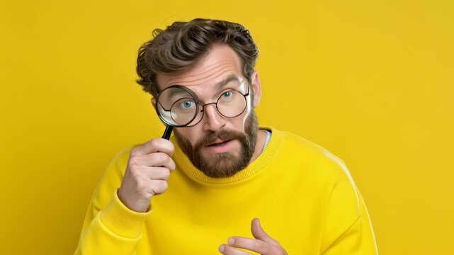 Man with glasses is looking through a magnifying glass. He is wearing a yellow shirt. Concept of curiosity and investigation