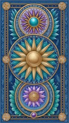 Fototapeta premium Celestial Jeweled Sunbursts Intricate Gold and Teal Artwork