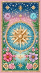 Obraz premium Celestial Rose Gold Compass with Pastel Flowers and Stars