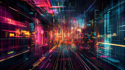 A futuristic abstract city landscape filled with bright colorful lights and lines