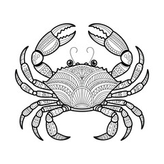 Intricate black and white line art illustration of a stylized crab with detailed mandala patterns