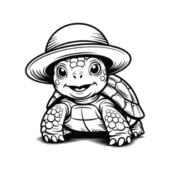 Cute cartoon turtle wearing a hat and smiling happily in a black and white illustration