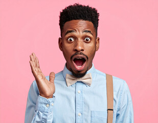 Amused surprised African-American man with funny pose on pink background