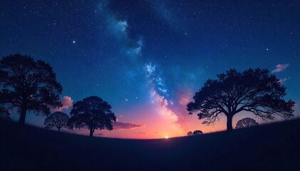 Silhouetted Trees Under Starlit Sky Nighttime Serenity and Introspection