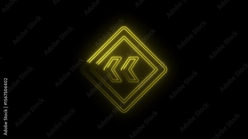 Poster yellow neon double arrowhead icon with diamond frame on black background animation loop