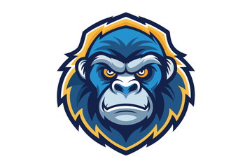 Ferocious blue gorilla head is framed by an electric gold and blue shield