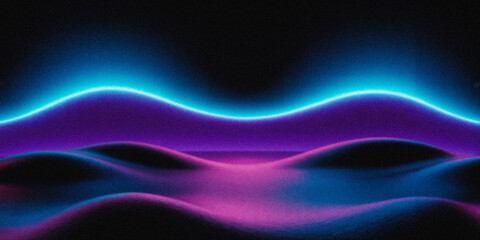 Grainy Abstract neon waves with glowing blue and purple gradient in dark futuristic digital landscape art