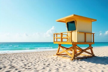 Elevated Lifeguard Station Overlooking Serene Sandy Beach and Calm Ocean Summer Safety and Coastal Relaxation