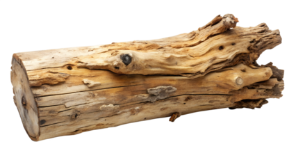 A weathered log is isolated on transparent background