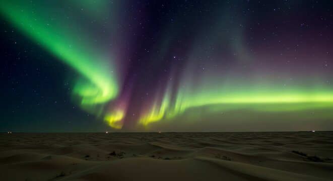 Vibrant aurora borealis displays its mesmerizing green and purple hues across a starlit night sky above a snow-covered landscape
