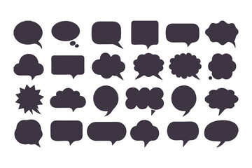 Collection of black speech bubbles. Set of various flat silhouette dialogue box icons for comic, chat, or communication design elements.