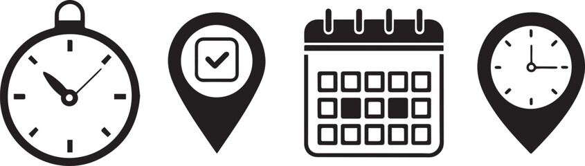 Set of four black icons representing time location and calendar schedule isolated on transparent background
