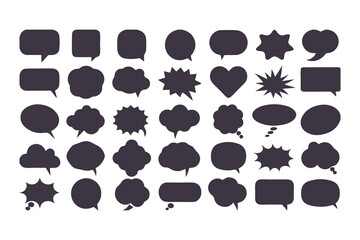 Collection of black speech bubbles. Set of various flat silhouette dialogue box icons for comic, chat, or communication design elements.
