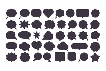 Collection of black speech bubbles. Set of various flat silhouette dialogue box icons for comic, chat, or communication design elements.