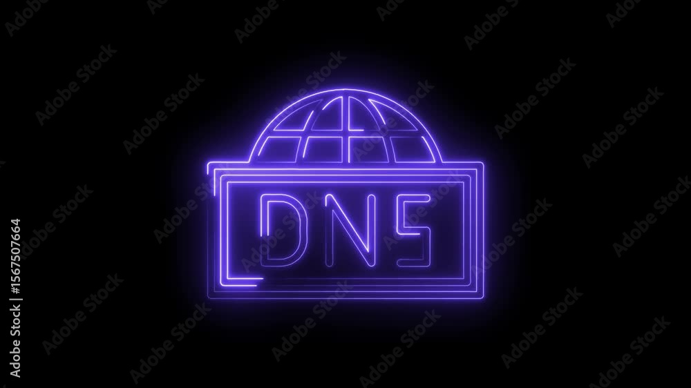Poster neon style dns concept with globe icon on black background representing internet security