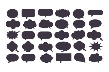 Collection of black speech bubbles. Set of various flat silhouette dialogue box icons for comic, chat, or communication design elements.
