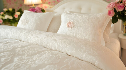 Elegant white bedding with floral details and soft pink rose acc