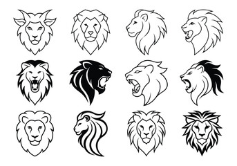Collection of Lion Head Illustrations in Black and White Silhouette on white background 
