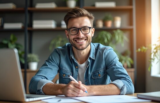 Young man with glasses smiles while working at desk with paperwork, laptop. He wears denim shirt, holds pen, actively engaged in his modern office. This pro looks confident, content with his career.