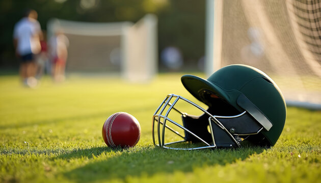 Cricket helmet, ball resting on grass field. Practice nets, players blurred in background suggest preparation for game. Sunlight highlights green turf, creating warm atmosphere for summer sports