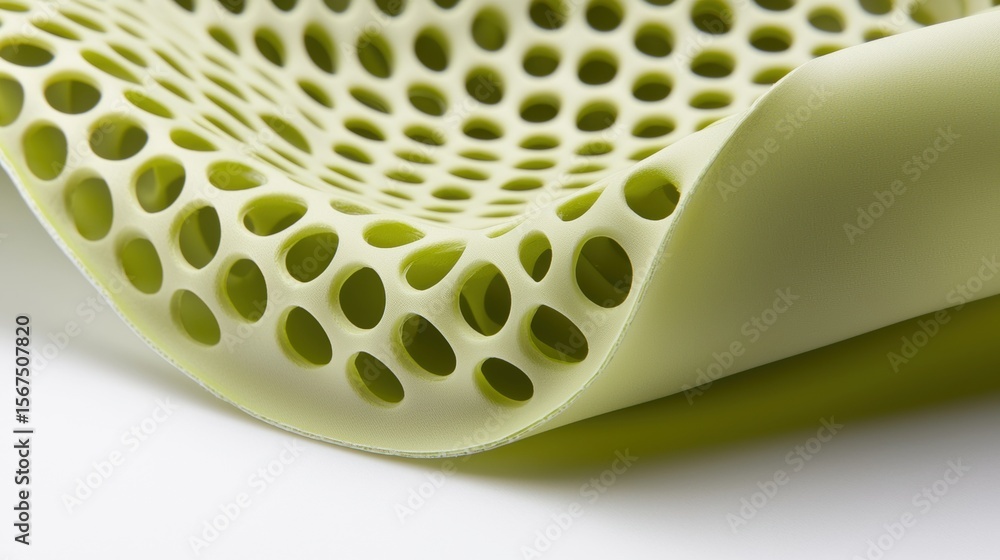 Poster a close-up view of a light green, textured surface with a repeating pattern of circular holes.