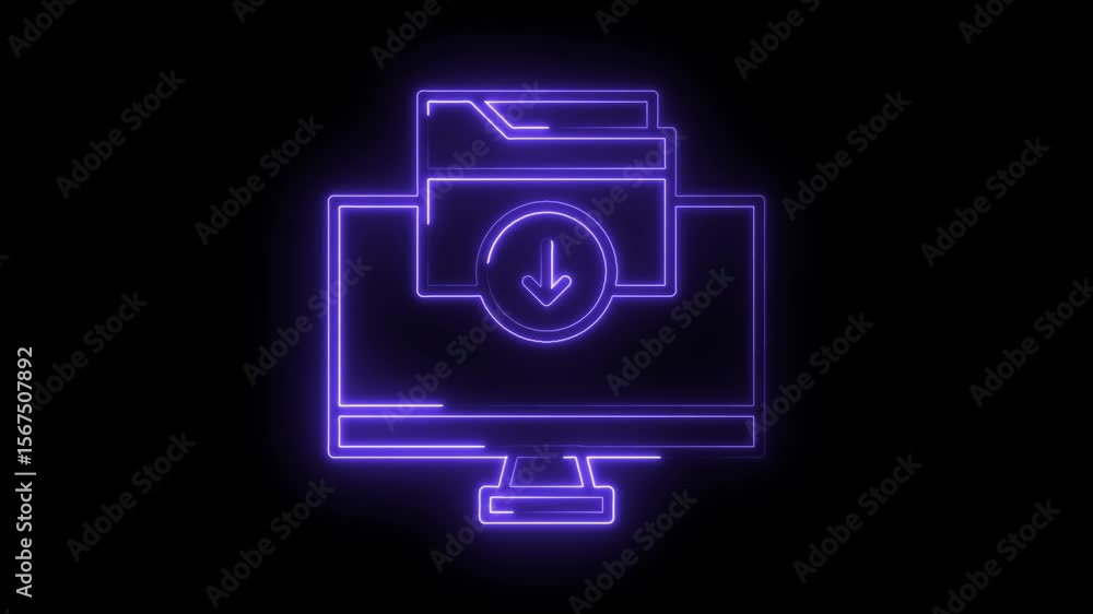 Poster neon style animation of download icon with folder and computer on black background