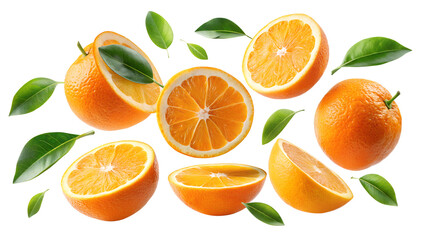 Oranges and leaves are scattered, isolated on transparent background
