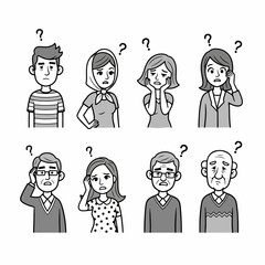 Confused people expressions, questioning faces, puzzled characters