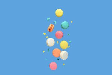 Flying sweet macaroons on blue background