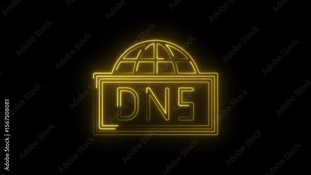Poster domain name system dns neon sign with global network connection on black background