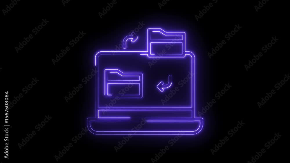 Poster digital file transfer neon icon animation on laptop with folder data sharing
