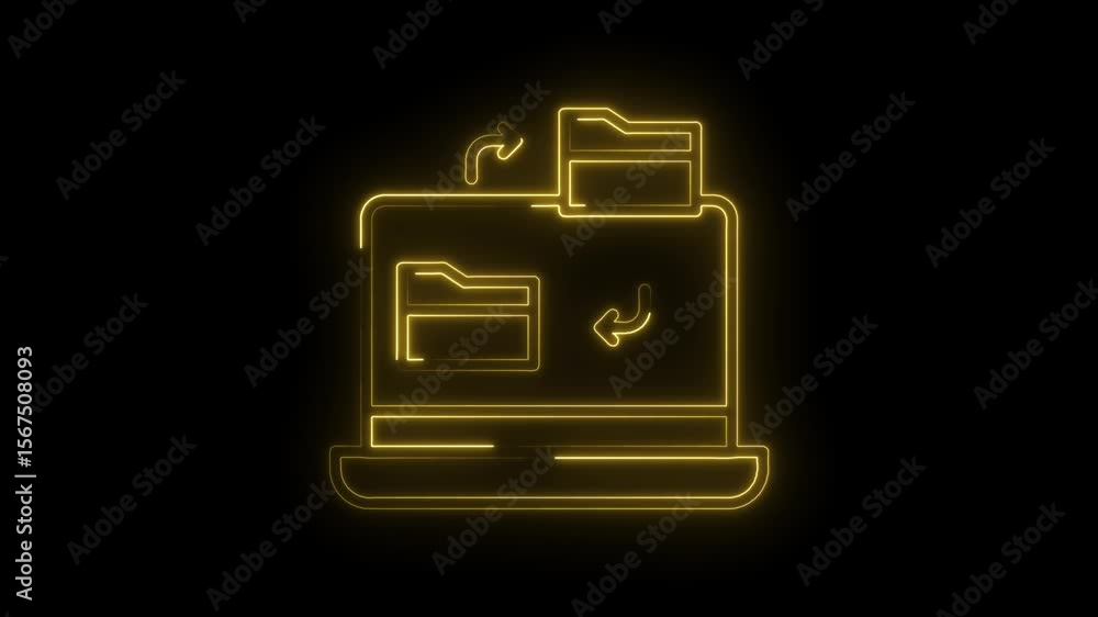 Poster glowing neon laptop with folder icon and data transfer visualization on black background