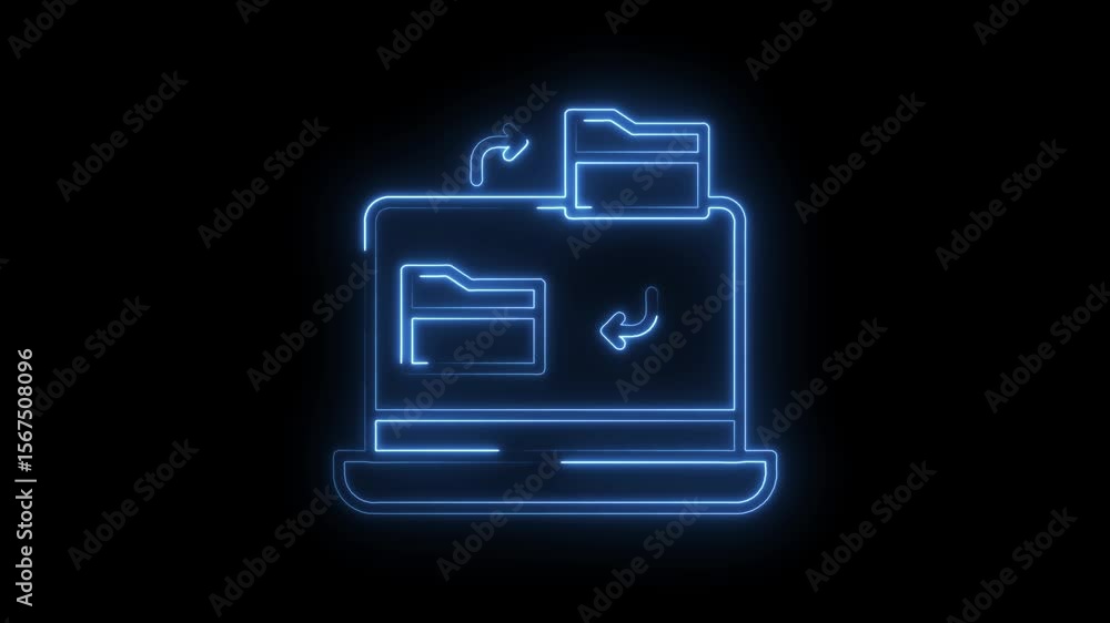 Poster glowing neon laptop displaying file transfer process on black background for digital interface