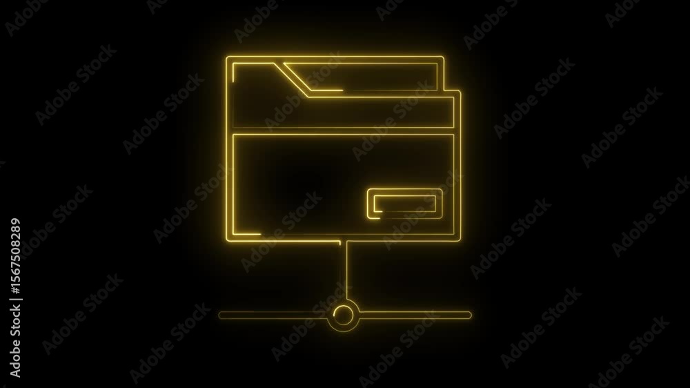 Poster glowing yellow network server folder animation on a black background represents data transfer