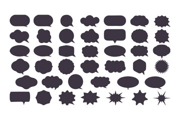 Set of black speech bubble icons. Collection of various callouts for comic, manga, and chat. Flat vector silhouette dialogue boxes.