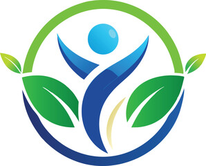 Stylized human figure with outstretched arms and a blue head inside a circular green and blue frame with leaves isolated on transparent background