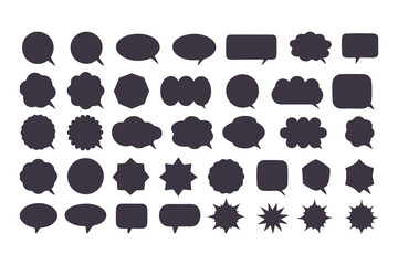 Set of black speech bubble icons. Collection of various callouts for comic, manga, and chat. Flat vector silhouette dialogue boxes.