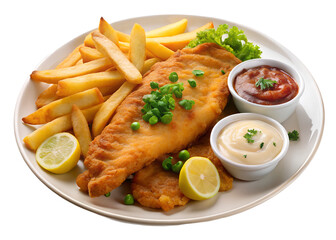 Fish and chips with lemon and sauces isolated on transparent background