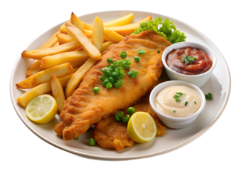 Fish and chips with lemon and sauces isolated on transparent background