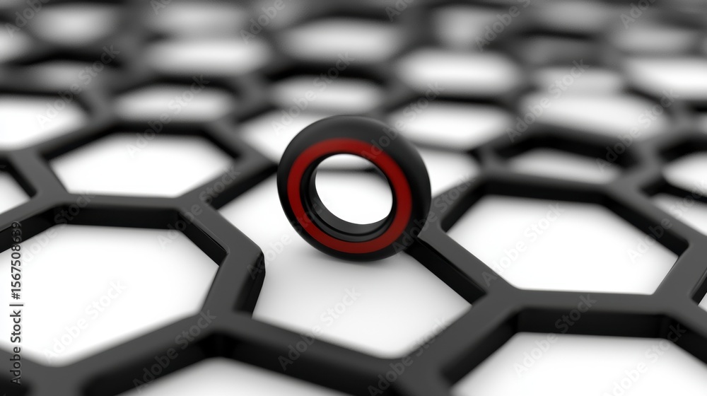 Poster a 3d rendering of a red and black ring on a black hexagonal grid.