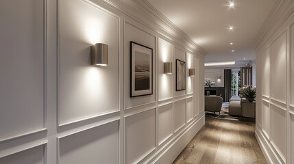 Elegant hallway with paneled walls and recessed lighting