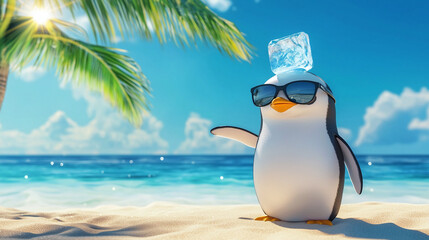 A penguin in sunglasses with an ice cube on his head is comically relaxing by the ocean on a tropical beach under the hot sun