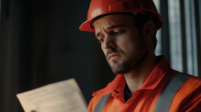 Construction Worker Focuses on Reviewing Drawings with a Serious Expression